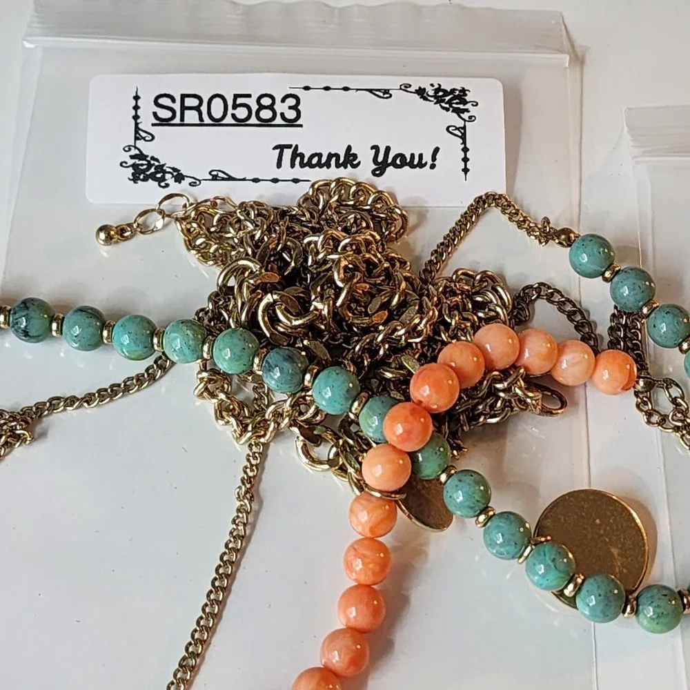New York & Co. Gold Tone Multi Strand Green Orange Bead Coin Pendant Necklace
